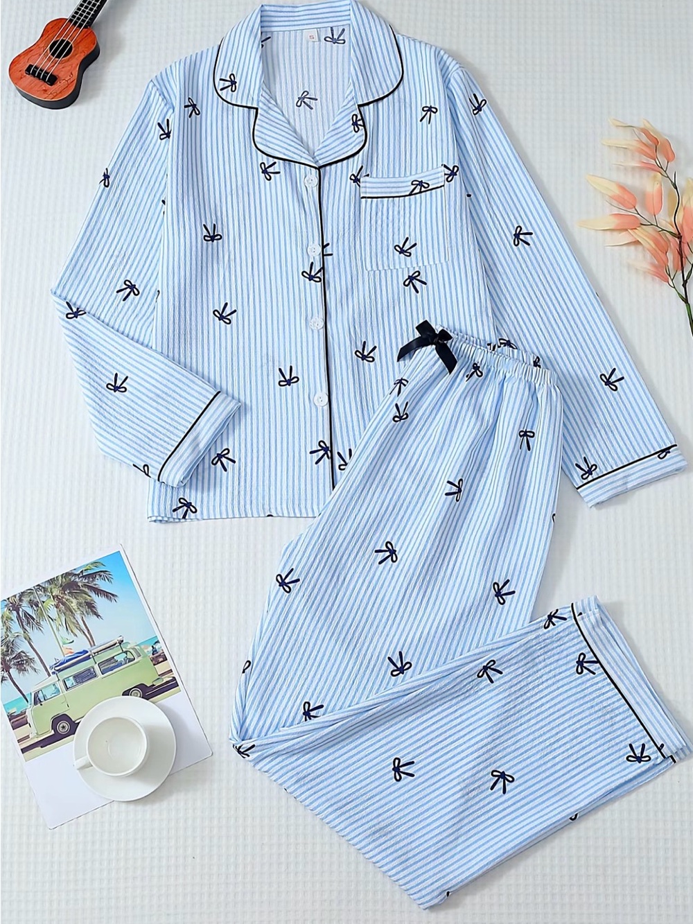 Blue & White Striped Bow Print Button-Up Pajama Set Size M